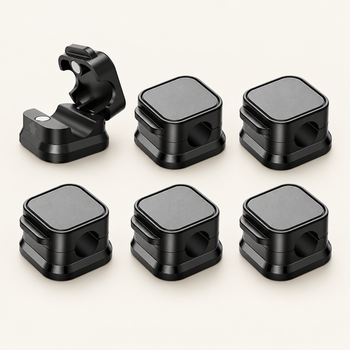 Set of six black magnetic cable clips with gray tops