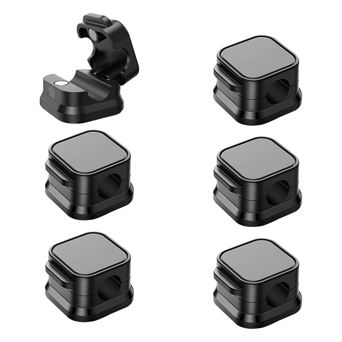 Six black magnetic cable clips with gray tops