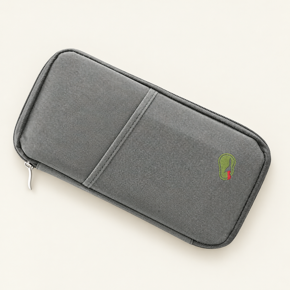 Gray zip travel document organizer with an exterior pocket and embroidered pattern
