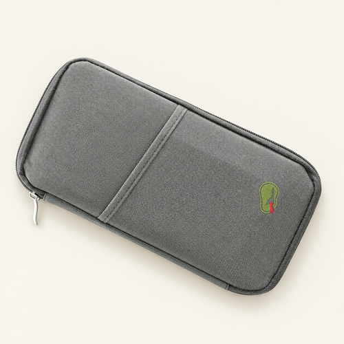 Gray zip travel document organizer with an exterior pocket and embroidered pattern