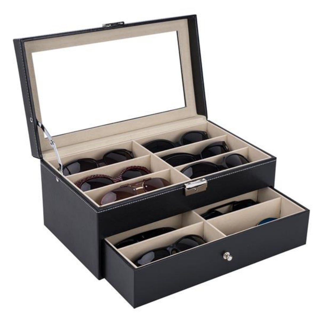 Black two-tier eyewear organizer with twelve compartments; eyewear is not included