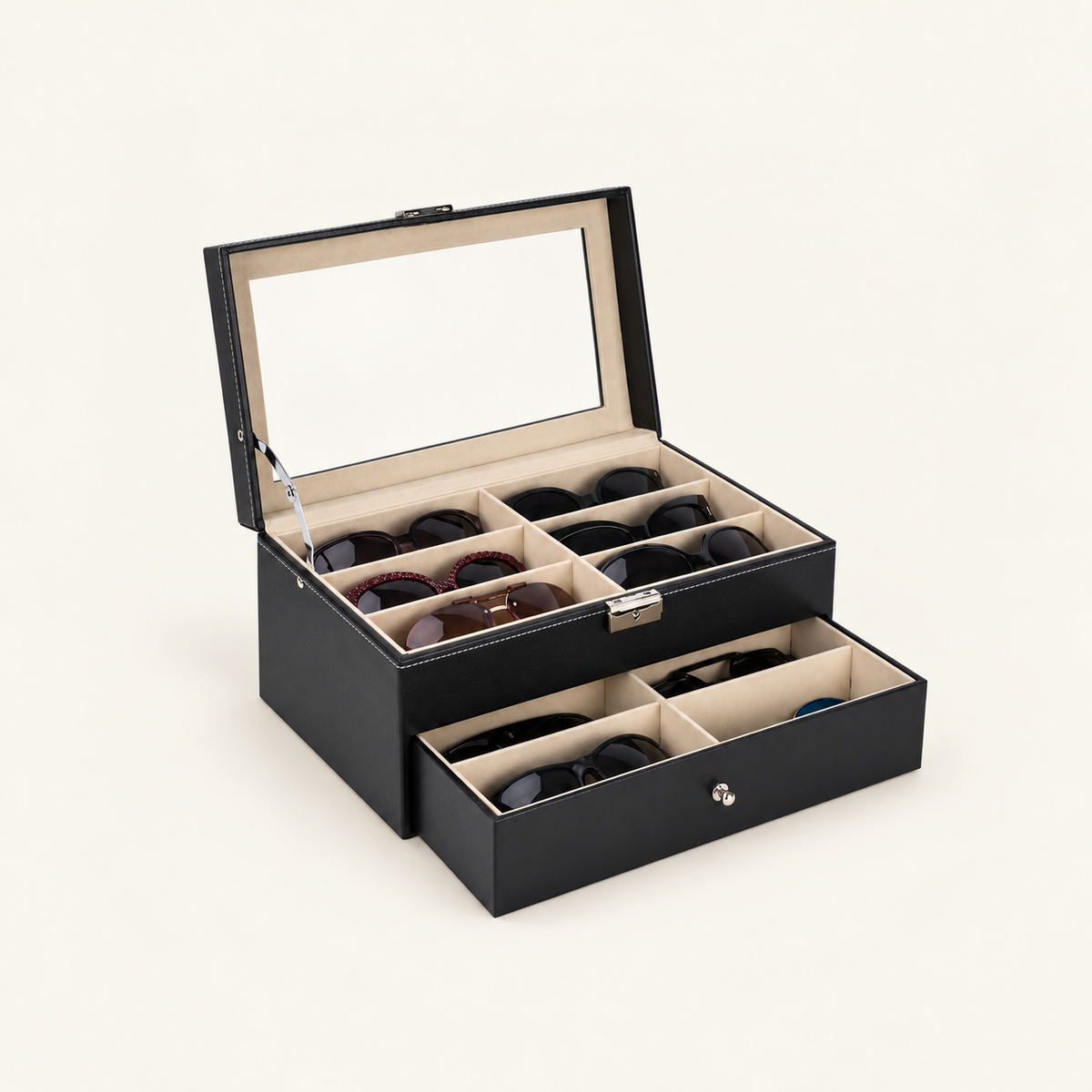 Black two-tier eyewear organizer with a glass window lid, lower pull-out drawer and twelve divided compartments
