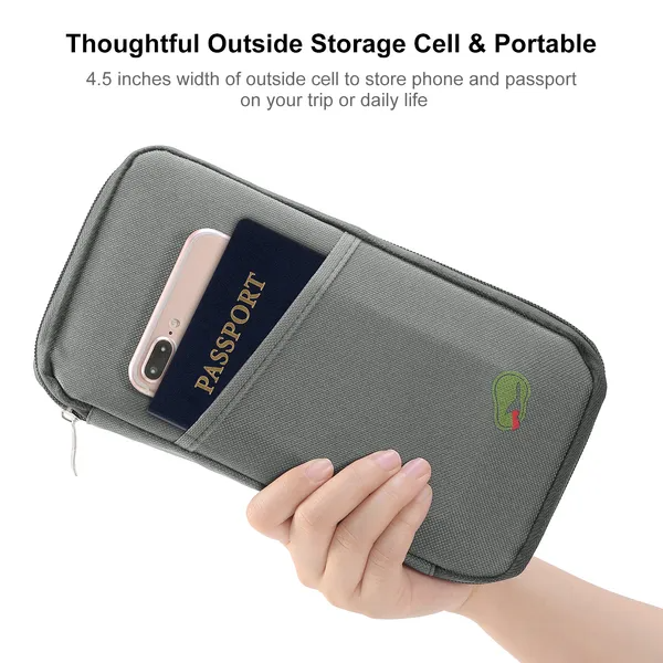 Gray zip travel document organizer; pictured documents and phone are not included