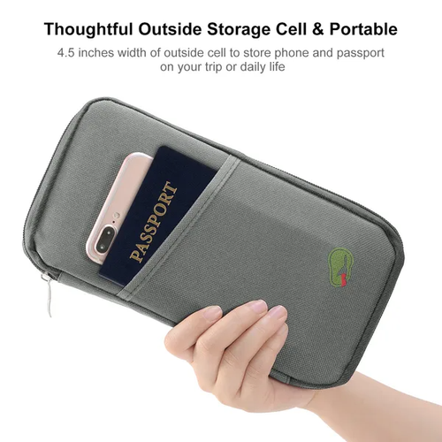 Gray zip travel document organizer; pictured documents and phone are not included