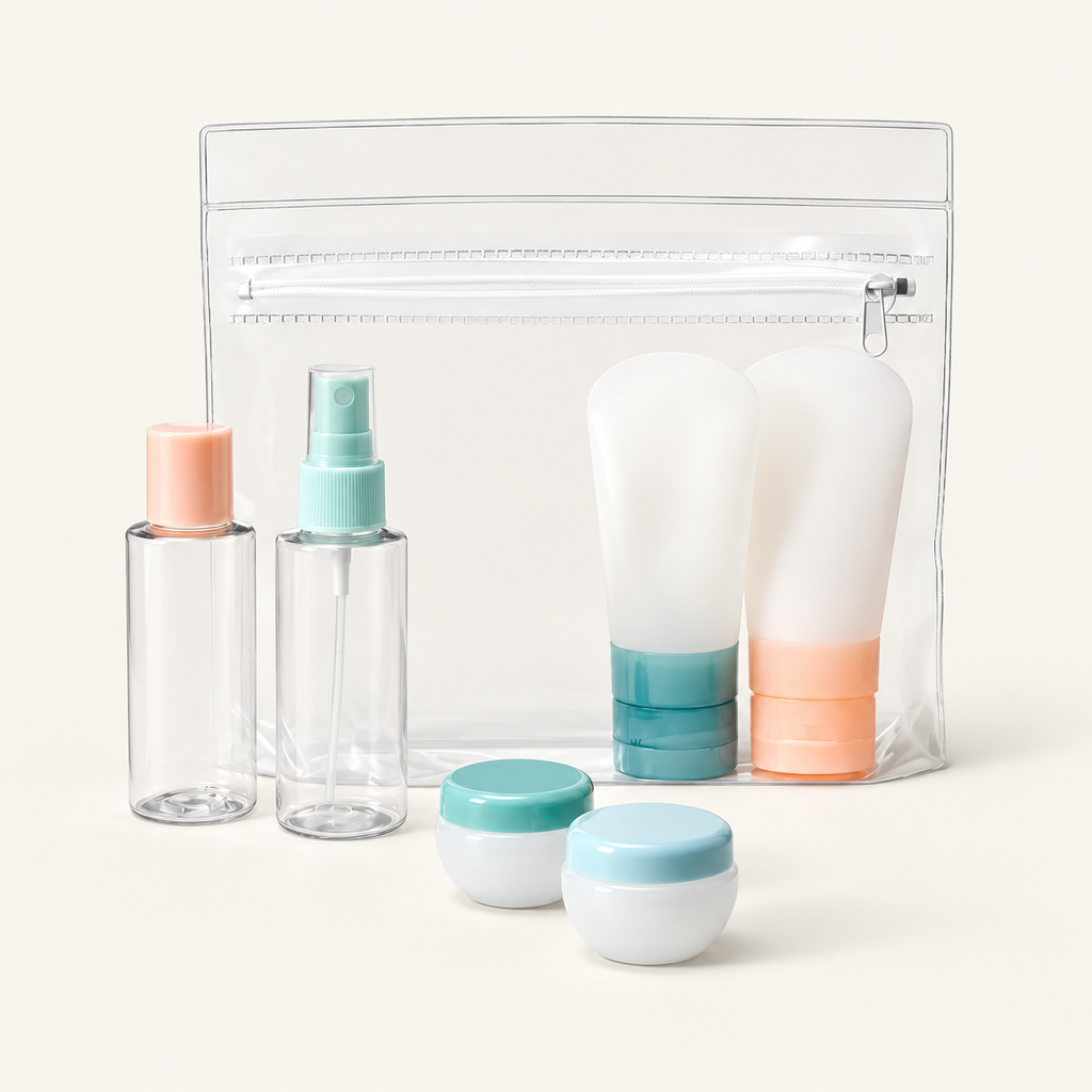 Seven-piece travel toiletry kit: clear zip pouch, two bottles, two squeeze tubes and two jars with pastel caps